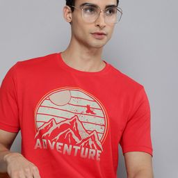HERE&NOW Men Red & Grey Printed Pure Cotton T-shirt-13