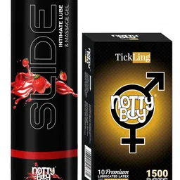 noTTy Boy Set of Slide Strawberry Flavoured Lube - 100 ml & TickLing Condoms - 10 Pcs-10