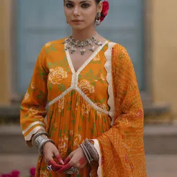 anayna Women Floral Printed Pleated Gotta Patti Kurta with Trousers & With Dupatta-40