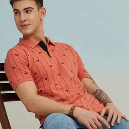 Red Flame Men Printed Polo Collar Extended Sleeves Pockets T-shirt-image-73