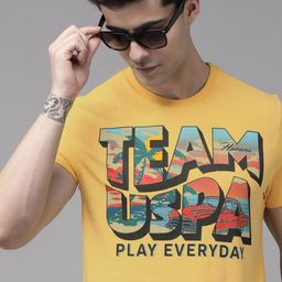 u.s. polo assn. denim co. U S Polo Assn Denim Co Men Yellow & Blue Typography Printed T-shirt-picture-49