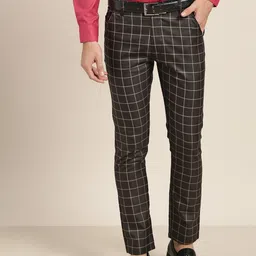 SOJANYA Men Charcoal Grey & Beige Smart Regular Fit Checked Formal Trousers-image-14