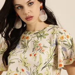 all about you Cream-Coloured & Green Floral Print Flared Sleeves Regular Top image 4