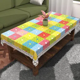 Kuber Industries Yellow & Blue Printed 4-Seater Rectangular Table Cover-12