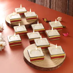 VarEesha Red &Yellow 12 Pieces Striped Square Ceramic Diyas &Tea Light Holders-27