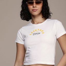 Roadster Women Typography Printed Bio Finish Crop Slim Fit T-shirt-image-100