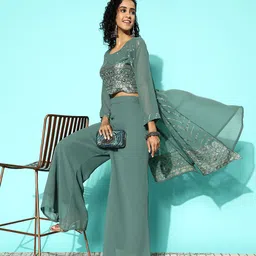 Kvsfab Women Embroidered Georgette Sequinned Top With Palazzos & With Shrug-30