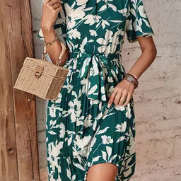 DressBerry Floral Print Accordion Pleats A-Line Dress With Tie-up Belt-image-34