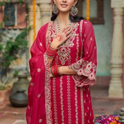Indo Era Ethnic MotifsEmbroidered V-Neck Zari Organza Kurta With Trousers And Dupatta-15