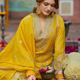 Indo Era Floral Embroidered V-Neck Zari Organza Kurta With Trousers And Dupatta-26