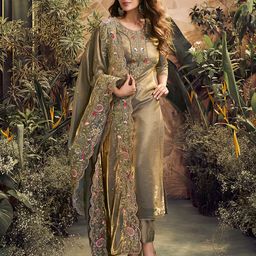 Inddus Women Floral Embroidered Zari Straight Crushed Organza Kurta Set-image-36