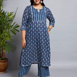 Globus Gloplus Keyhole Neck Floral Print Gotta Lace Straight Plus Size Kurta & Pants Set-picture-27