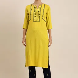Vishudh Women Lime Green & Navy Blue Embroidered Kurta with Trousers-18