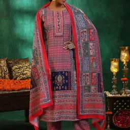 Libas Floral Printed Mirror Work Linen Straight Kurta with Trousers & With Dupatta-picture-3