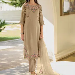 MOJILAA Floral Embroidered Thread Work Straight Kurta with Trousers & Dupatta-image-10