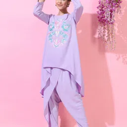 Vishudh Women Mauve Floral Embroidered Panelled Kurta with Trousers & With Dupatta-picture-23