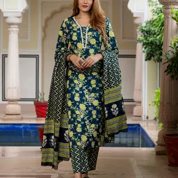 KALINI Women Floral Printed Cotton Kurta with Trousers & Dupatta-picture-19