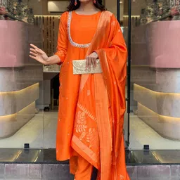 GoSriKi Women Ethnic Motifs Embroidered Regular Kurta with Trousers & With Dupatta-27