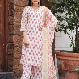 ZIBLON Women Floral Printed Regular Thread Work Kurti with Trousers & With Dupatta-image-6