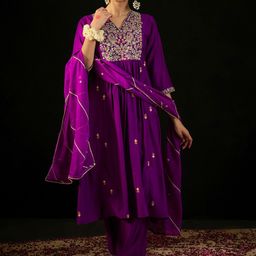 Indo Era Floral Embroidered Empire Aari Work A-Line Kurta & Trousers With Dupatta-46