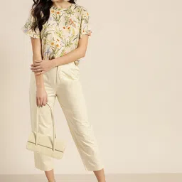 all about you Cream-Coloured & Green Floral Print Flared Sleeves Regular Top image 5