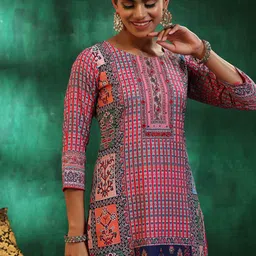 Libas Floral Printed Mirror Work Linen Straight Kurta with Trousers & With Dupatta image 2