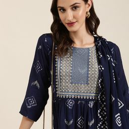 SHOWOFF Geometric Printed Sequinned Detailed A-Line Kurta & Trousers With Dupatta-0