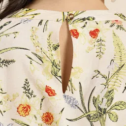 all about you Cream-Coloured & Green Floral Print Flared Sleeves Regular Top image 3