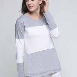 Trends Tower Women Grey Melange & White Colourblocked Pure Cotton T-shirt-picture-14