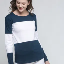 Trends Tower Women Green & White Colourblocked Pure Cotton T-shirt-image-47