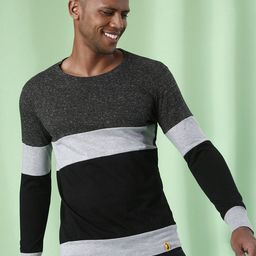 Campus Sutra Charcoal Colourblocked Long Sleeves Casual Cotton T-shirt-image-1