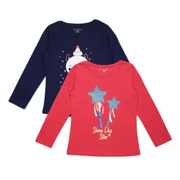 PLUM TREE Girls Pack of 2 Navy Blue  Pink Printed Cotton Pure Cotton T-shirt-image-47