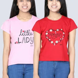 StyleStone Girls Red & Pink Pack Of 2 Printed T-shirts-image-17