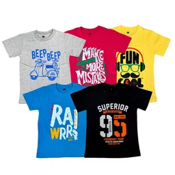 FAZZA Boys Pack Of 5 Typography Printed Round Neck Cotton T-shirts-picture-18