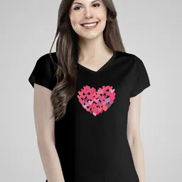 Pootlu Women Black Printed V-Neck Extended Sleeves Cotton T-shirt-image-39