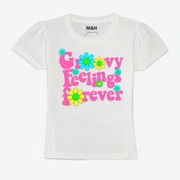 Mast & Harbour Girls White Typography Printed Pure Cotton Round-Neck T-Shirt-picture-47