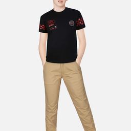 Gini and Jony Boys Black Typography Printed V-Neck Applique T-shirt-image-121