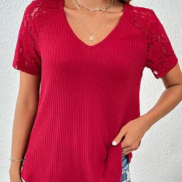 StyleCast Red V-Neck Applique T-shirt-picture-24