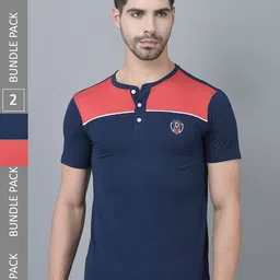 Dollar Pack Of 2 Colourblocked Henley Neck Cotton T-shirt-picture-14