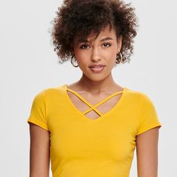 Trends Tower Women Mustard Yellow V-Neck Pure Cotton T-shirt-image-50