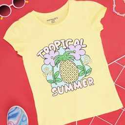 Pantaloons Junior Girls Printed Round Neck Cap Sleeves Cotton Regular Fit T-shirt-30