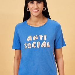 People Blue Typography Printed Cotton Relaxed Fit T-shirt-image-82