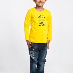 Friskers Boys Yellow Typography Printed Applique T-shirt-image-60