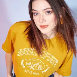 DressBerry Mustard Yellow Typography Printed Cotton Boxy Crop T-Shirt-image-21