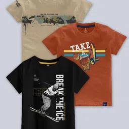 CODEZ Boys Pack Of 3 Typographic Printed Cotton T-shirts-49