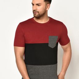 GLITO Colourblocked Round Neck Pockets Pure Cotton T-shirt-image-70