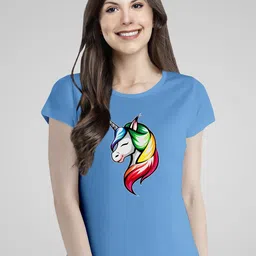 Pootlu Women Blue Unicorn Printed Cotton T-shirt-image-44
