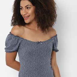 AMERICAN EAGLE OUTFITTERS Women Blue Floral Printed Cotton V-Neck Extended Sleeves T-shirt-picture-5