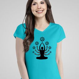 Pootlu Women Blue Printed V-Neck Extended Sleeves T-shirt-44