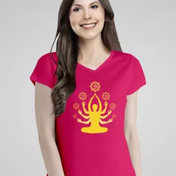 Pootlu Women Maroon Printed V-Neck T-shirt-29